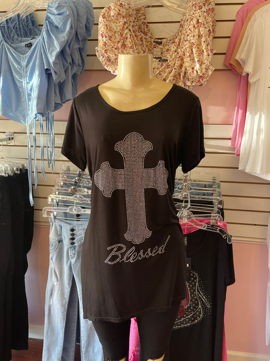 BLACK RHINESTONE CROSS DRESS-SHIRT